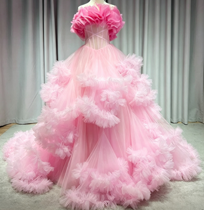 Sweet Strapless Pink Prom Dress Ruffled Tulle A-Line Formal Dress GG6802