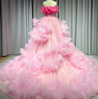 Sweet Strapless Pink Prom Dress Ruffled Tulle A-Line Formal Dress GG6802