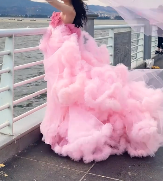 Sweet Strapless Pink Prom Dress Ruffled Tulle A-Line Formal Dress GG6802
