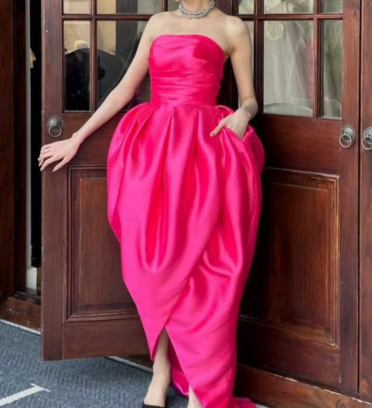 Vibrant Strapless Pink Prom Dress Satin Slit Sheath Formal Dress GG6803