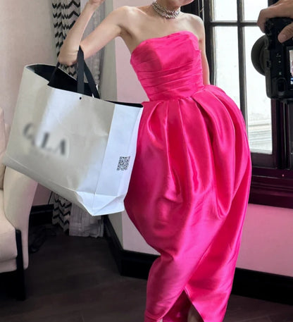 Vibrant Strapless Pink Prom Dress Satin Slit Sheath Formal Dress GG6803