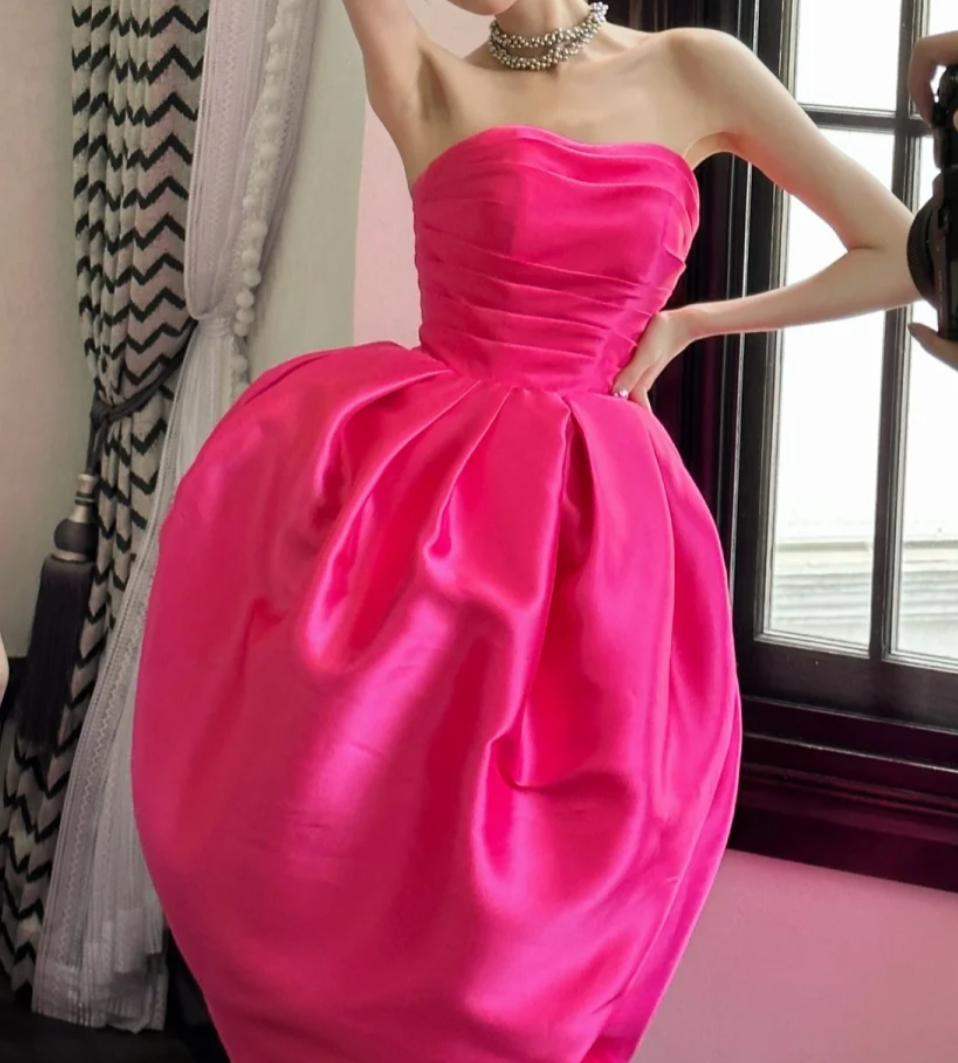 Vibrant Strapless Pink Prom Dress Satin Slit Sheath Formal Dress GG6803