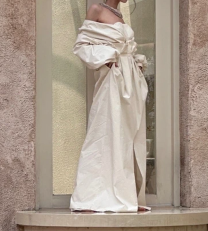 Trendy Off-Shoulder Slit Wedding Dress Long Sleeve Satin A-Line Bridal Dress GG6804