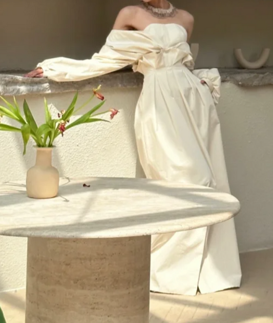 Trendy Off-Shoulder Slit Wedding Dress Long Sleeve Satin A-Line Bridal Dress GG6804