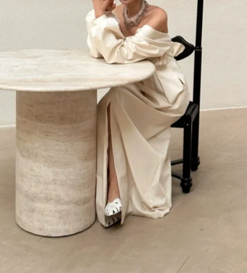 Trendy Off-Shoulder Slit Wedding Dress Long Sleeve Satin A-Line Bridal Dress GG6804