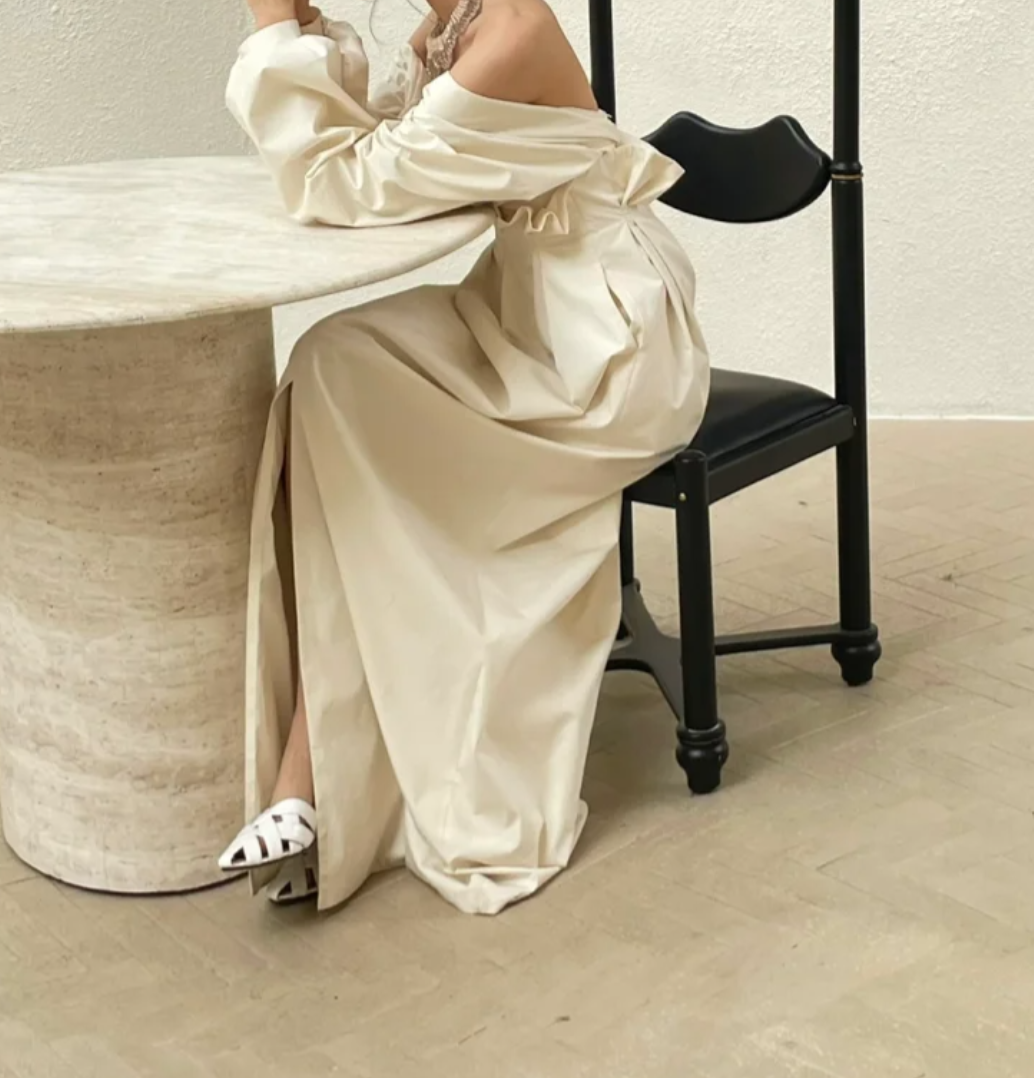Trendy Off-Shoulder Slit Wedding Dress Long Sleeve Satin A-Line Bridal Dress GG6804