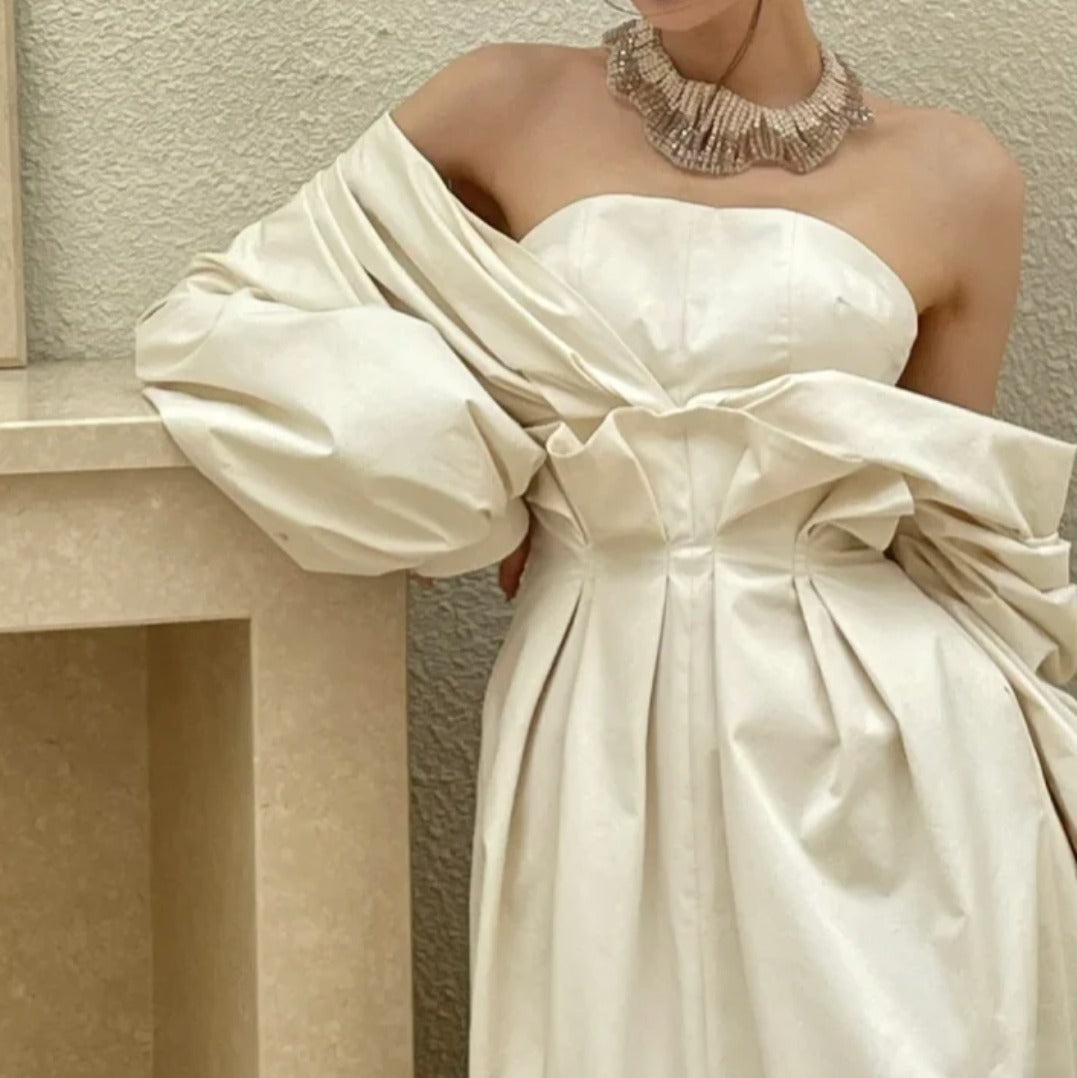 Trendy Off-Shoulder Slit Wedding Dress Long Sleeve Satin A-Line Bridal Dress GG6804