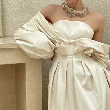 Trendy Off-Shoulder Slit Wedding Dress Long Sleeve Satin A-Line Bridal Dress GG6804