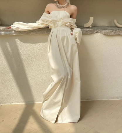 Trendy Off-Shoulder Slit Wedding Dress Long Sleeve Satin A-Line Bridal Dress GG6804