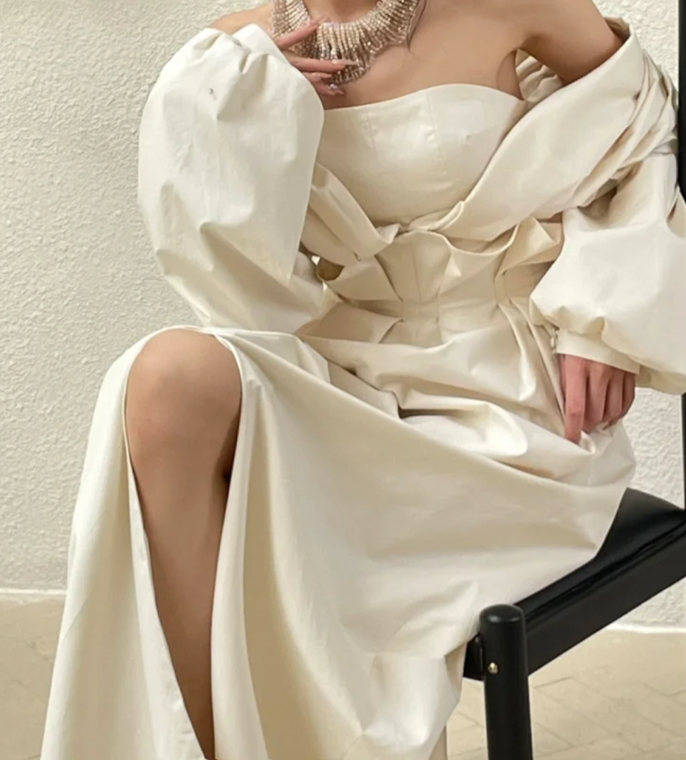 Trendy Off-Shoulder Slit Wedding Dress Long Sleeve Satin A-Line Bridal Dress GG6804