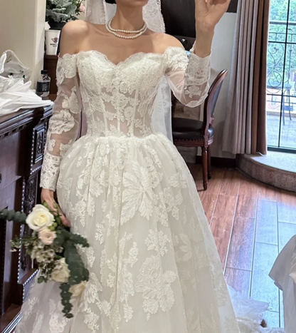 Ornate Off-Shoulder Wedding Dress Long Sleeve Lace A-Line Bridal Dress GG6805