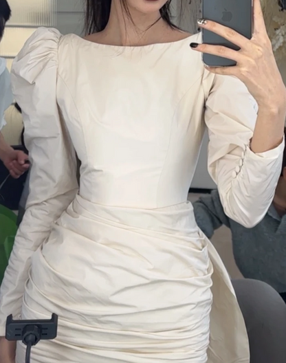 Unique Jewel Neck Ivory Homecoming Dress Long Sleeve Bow Sheath Birthday Dress GG6806