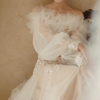 Charming Off-Shoulder Feather Wedding Dress Long Sleeve Lace A-Line Bridal Dress GG6808