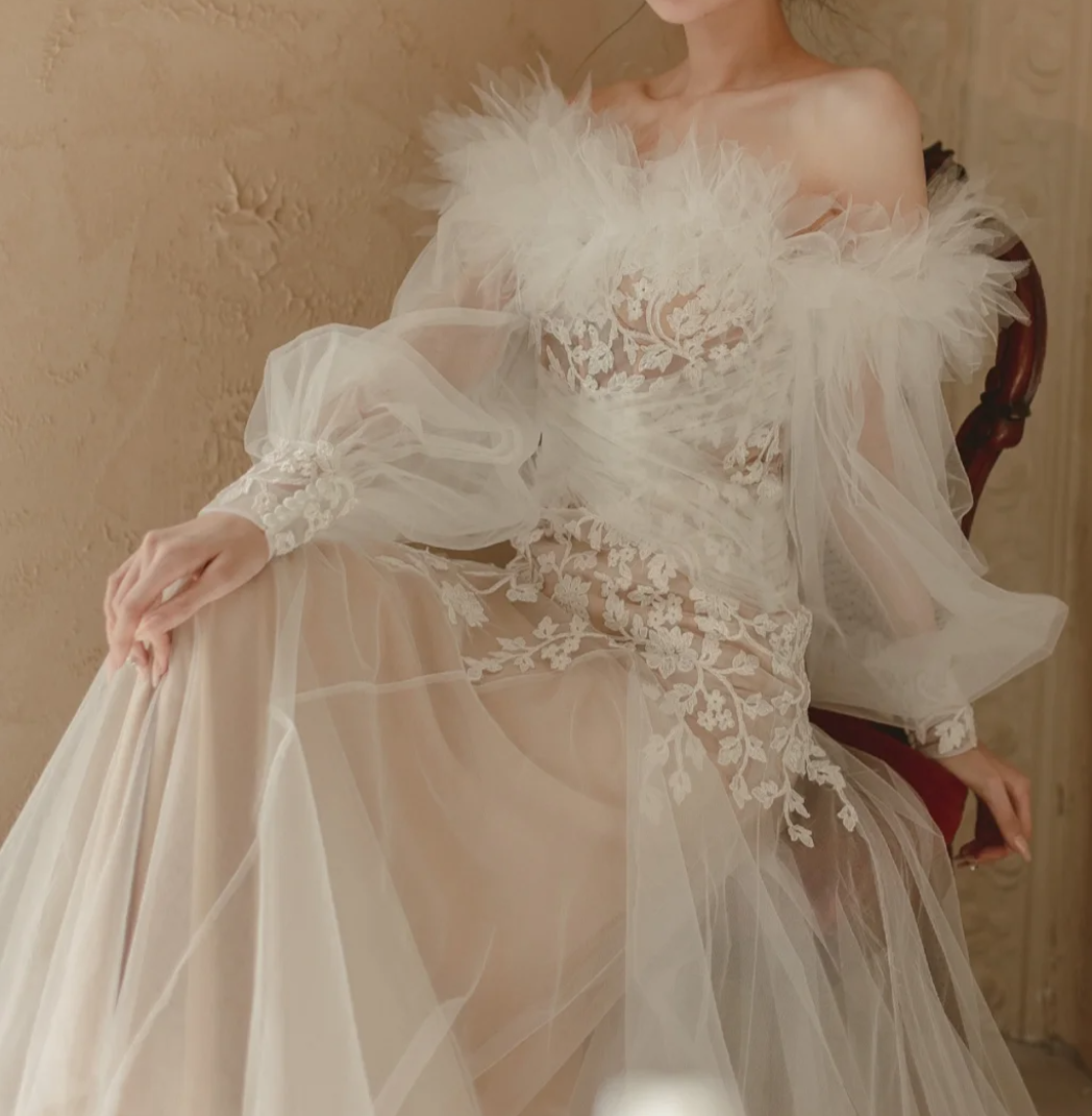 Charming Off-Shoulder Feather Wedding Dress Long Sleeve Lace A-Line Bridal Dress GG6808