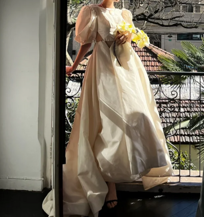 Vintage Short Sleeve Satin Wedding Dress Cutouts Backless A-Line Bridal Dress GG6809