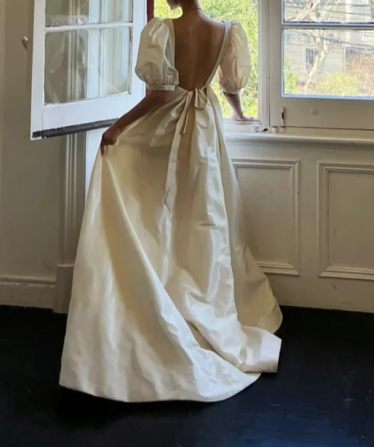 Vintage Short Sleeve Satin Wedding Dress Cutouts Backless A-Line Bridal Dress GG6809