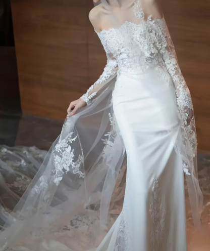 Enchanting Off-Shoulder Wedding Dress Long Sleeve Lace Satin Mermaid Bridal Dress GG6812