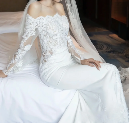 Enchanting Off-Shoulder Wedding Dress Long Sleeve Lace Satin Mermaid Bridal Dress GG6812