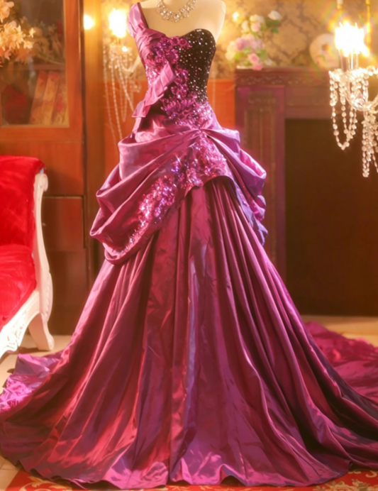 Romantic One Shoulder Pink Prom Dress Ruffled Sequins A-Line Formal Dress GG6813