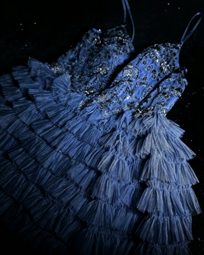 Playful Spaghetti Straps Blue Homecoming Dress Sequins Tulle A-Line Birthday Dress GG6814