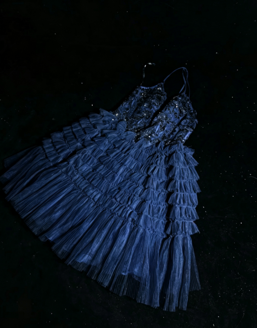 Playful Spaghetti Straps Blue Homecoming Dress Sequins Tulle A-Line Birthday Dress GG6814