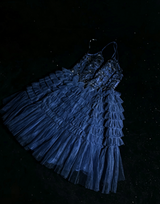 Playful Spaghetti Straps Blue Homecoming Dress Sequins Tulle A-Line Birthday Dress GG6814