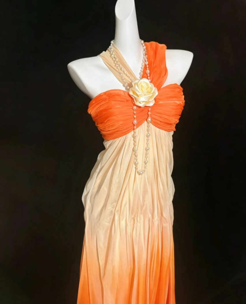 Cute Halter Neck Gradient Orange Prom Dress Floral Sheath Formal Dress GG6815