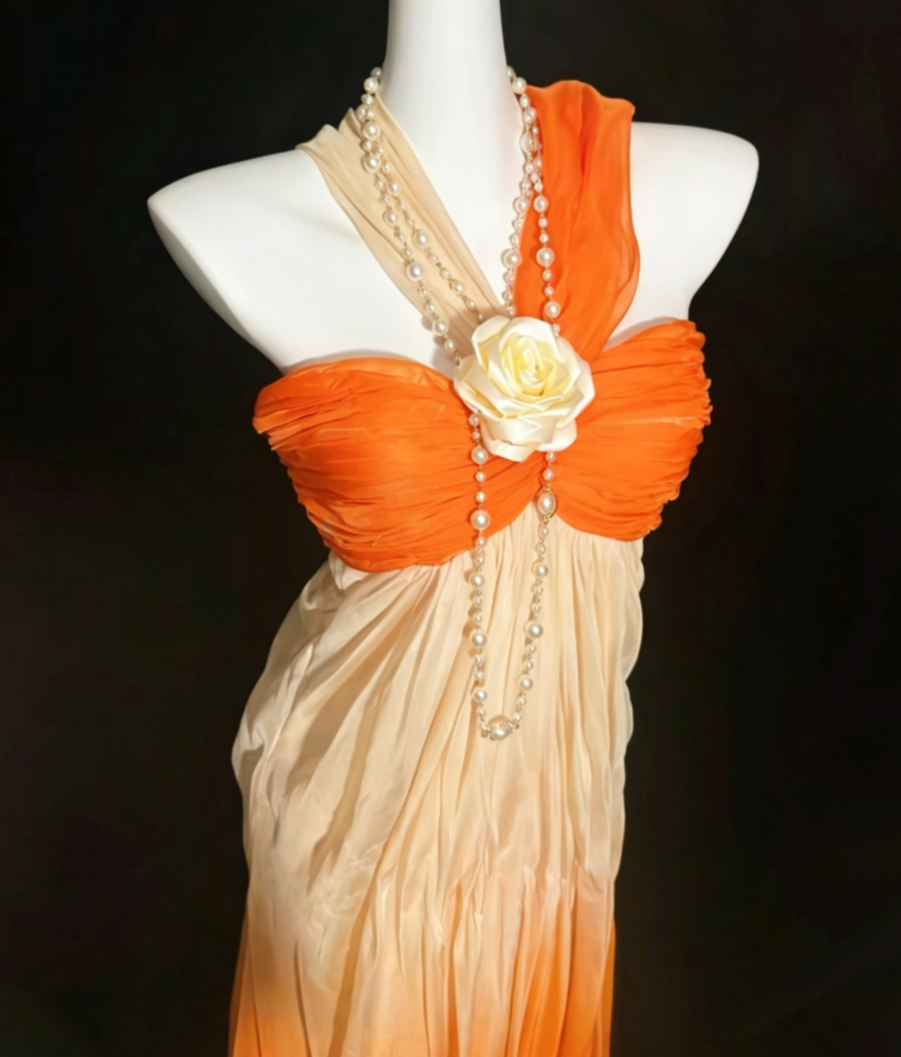 Cute Halter Neck Gradient Orange Prom Dress Floral Sheath Formal Dress GG6815