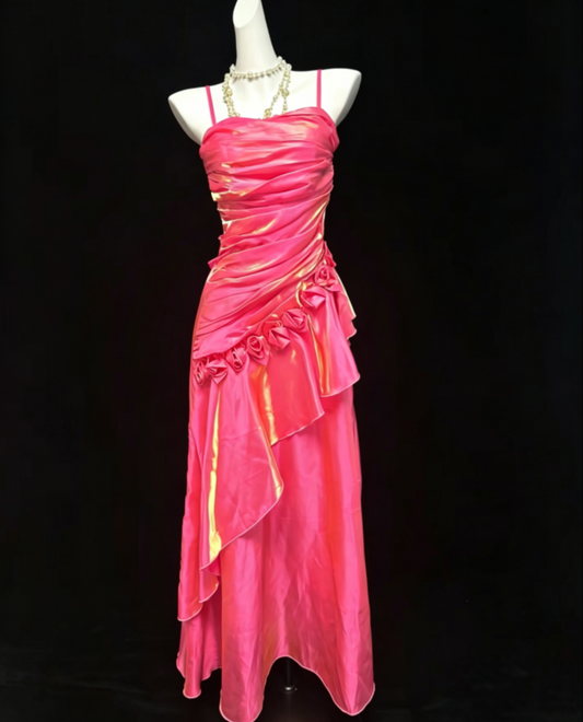 Shine Spaghetti Straps Pink Prom Dress Ruffles Appliques A-Line Formal Dress GG6816