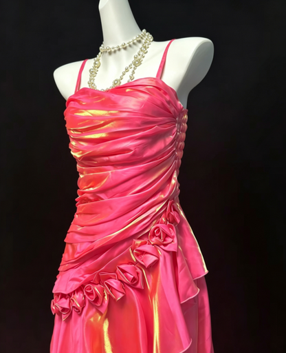 Shine Spaghetti Straps Pink Prom Dress Ruffles Appliques A-Line Formal Dress GG6816