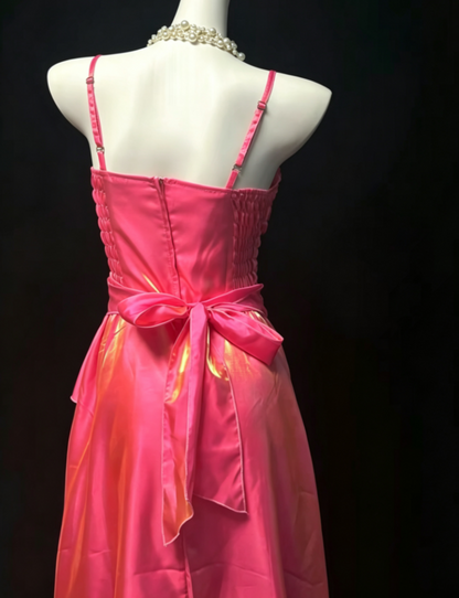 Shine Spaghetti Straps Pink Prom Dress Ruffles Appliques A-Line Formal Dress GG6816