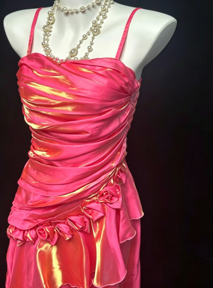 Shine Spaghetti Straps Pink Prom Dress Ruffles Appliques A-Line Formal Dress GG6816