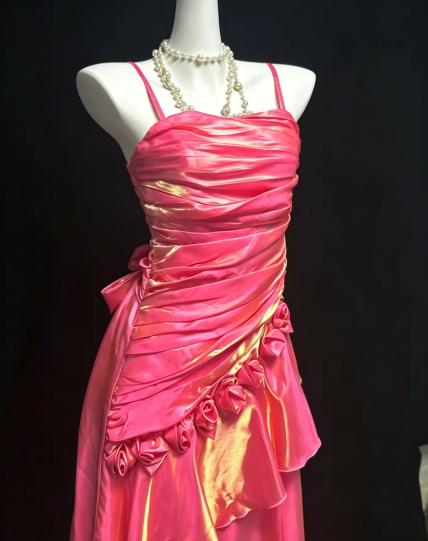 Shine Spaghetti Straps Pink Prom Dress Ruffles Appliques A-Line Formal Dress GG6816