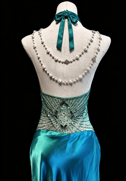 Vintage Halter Neck Blue Prom Dress Sequins Backless Mermaid Formal Dress GG6817