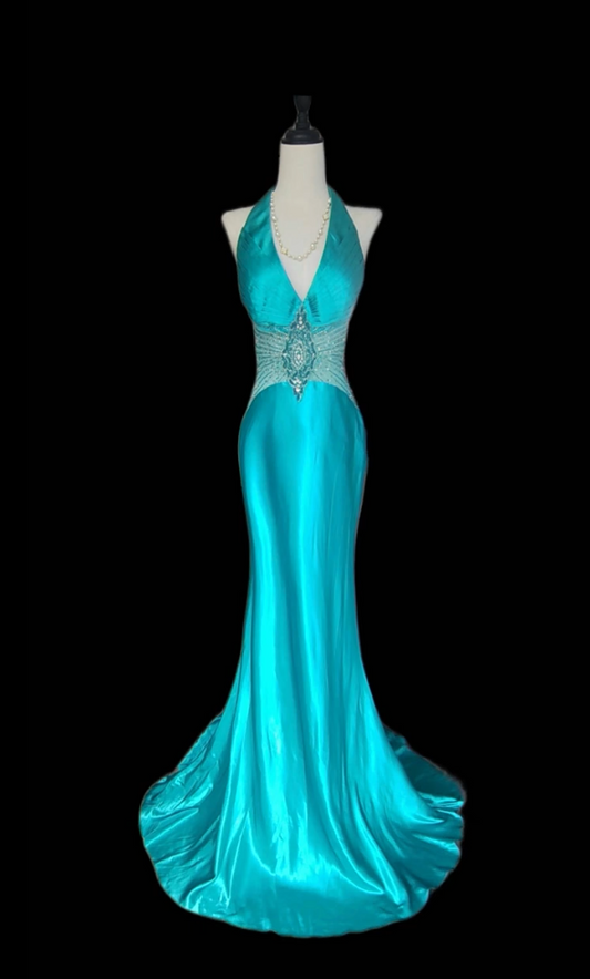Vintage Halter Neck Blue Prom Dress Sequins Backless Mermaid Formal Dress GG6817
