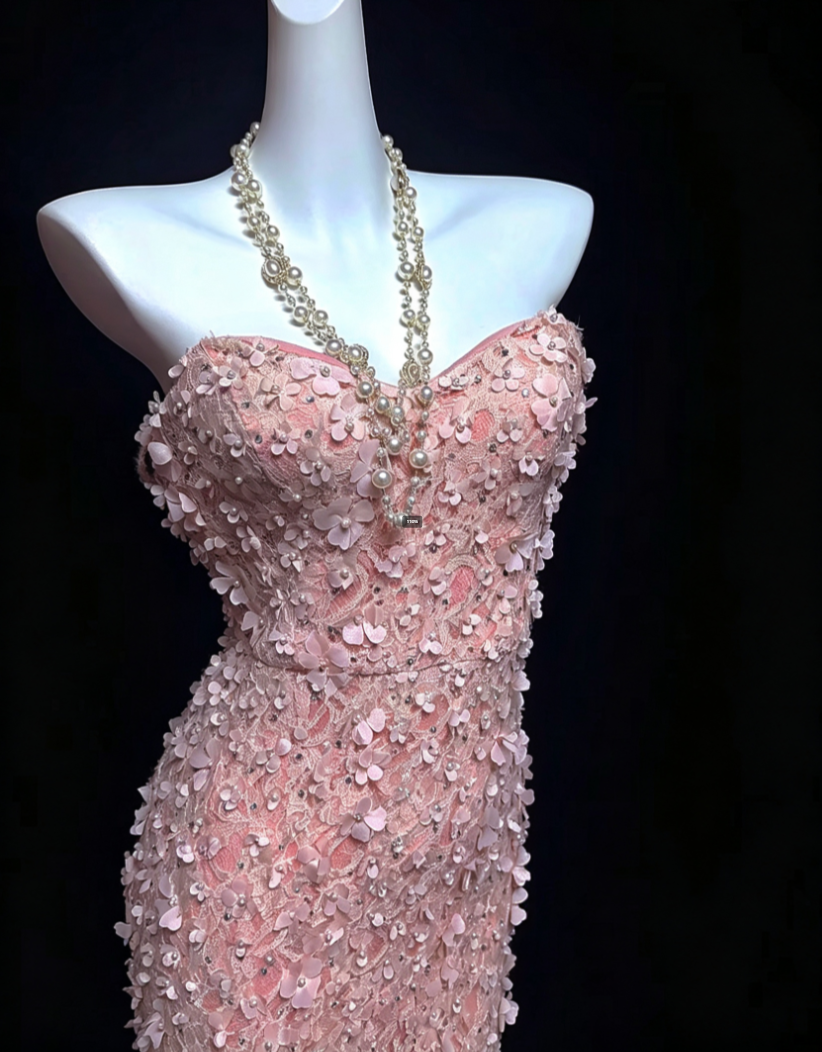 Sweet Strapless Pink Prom Dress Appliques Sequins Mermaid Formal Dress GG6818