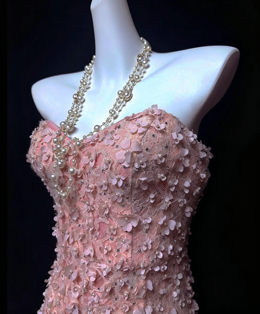 Sweet Strapless Pink Prom Dress Appliques Sequins Mermaid Formal Dress GG6818