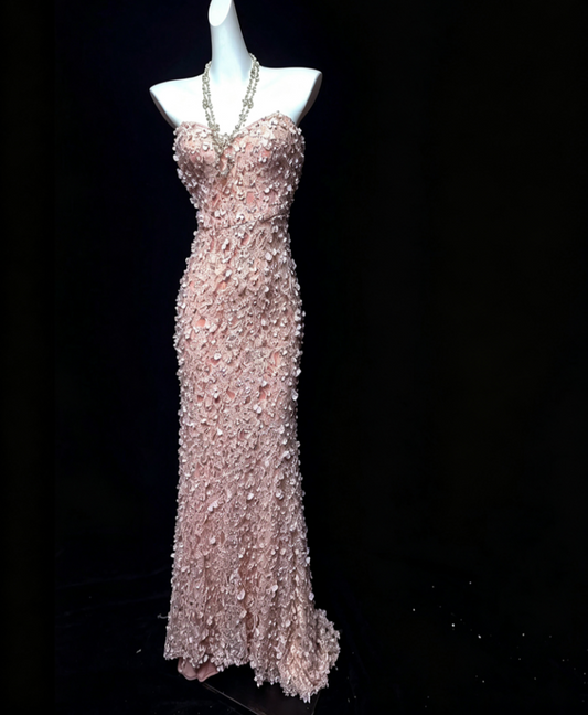 Sweet Strapless Pink Prom Dress Appliques Sequins Mermaid Formal Dress GG6818