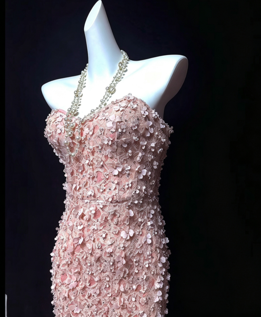 Sweet Strapless Pink Prom Dress Appliques Sequins Mermaid Formal Dress GG6818