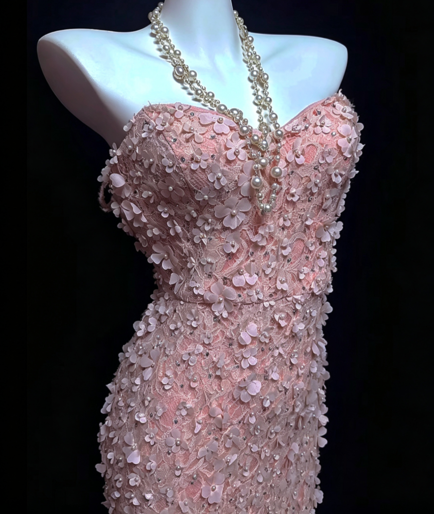 Sweet Strapless Pink Prom Dress Appliques Sequins Mermaid Formal Dress GG6818