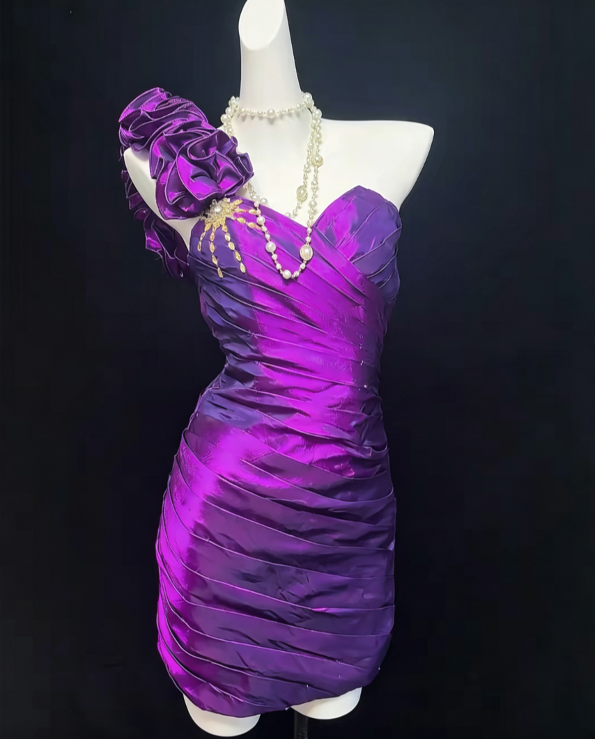 Rero One Shoulder Purple Homecoming Dress Crystals Pleated Sheath Birthday Dress GG6819