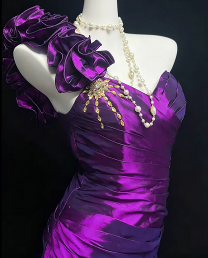 Rero One Shoulder Purple Homecoming Dress Crystals Pleated Sheath Birthday Dress GG6819