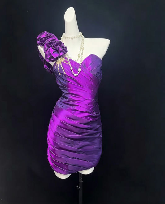 Rero One Shoulder Purple Homecoming Dress Crystals Pleated Sheath Birthday Dress GG6819