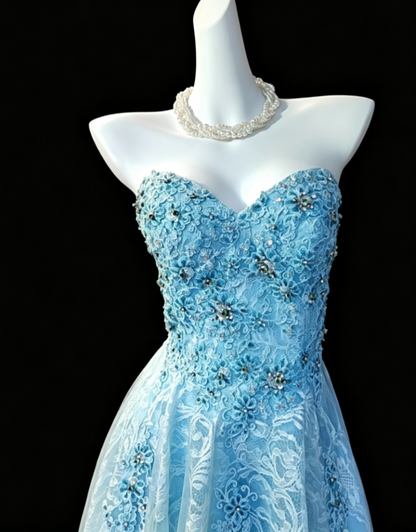 Adorable Strapless Blue Homecoming Dress Appliques Lace A-Line Birthday Dress GG6820
