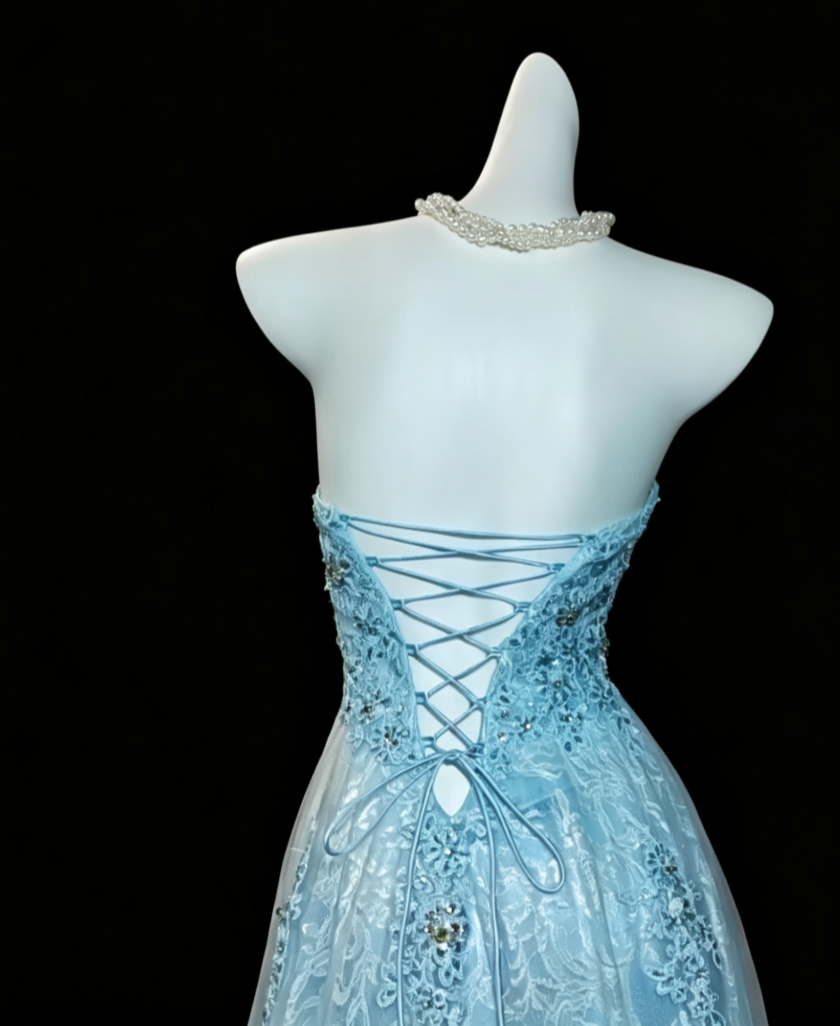 Adorable Strapless Blue Homecoming Dress Appliques Lace A-Line Birthday Dress GG6820