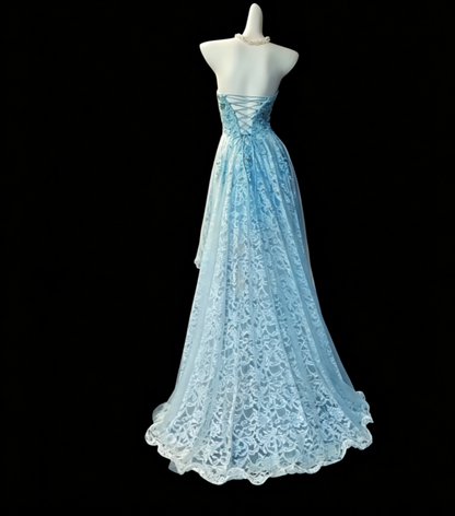 Adorable Strapless Blue Homecoming Dress Appliques Lace A-Line Birthday Dress GG6820
