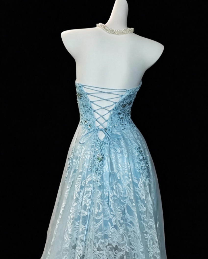 Adorable Strapless Blue Homecoming Dress Appliques Lace A-Line Birthday Dress GG6820