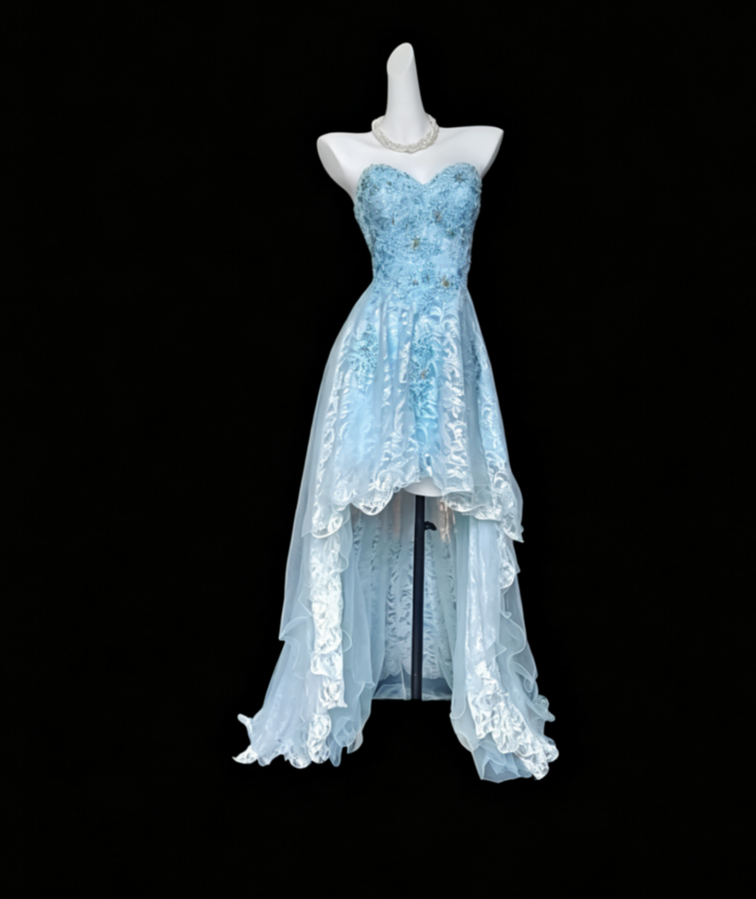 Adorable Strapless Blue Homecoming Dress Appliques Lace A-Line Birthday Dress GG6820