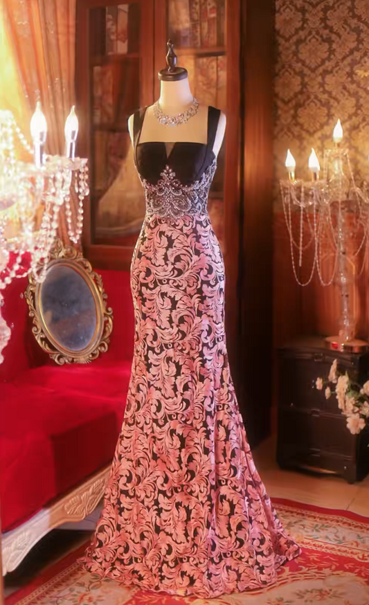 Unique Spaghetti Straps Pink Prom Dress Beading Floral Mermaid Formal Dress GG6821