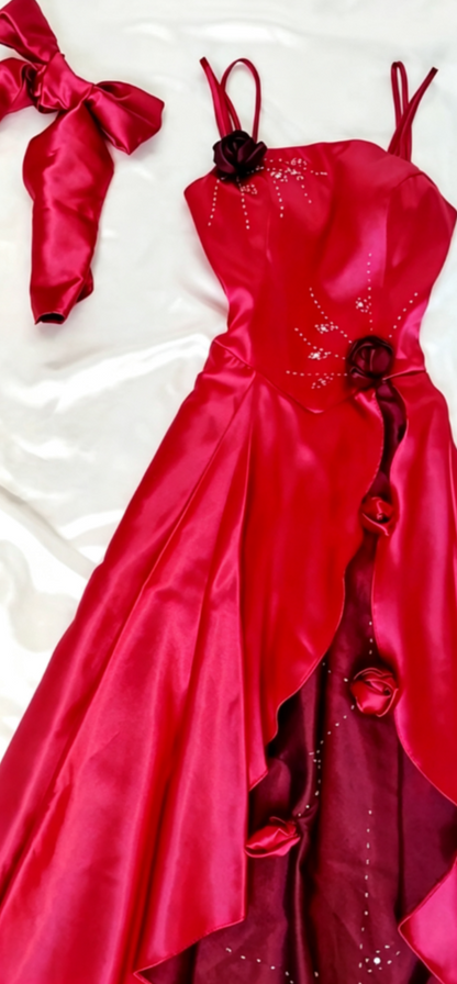 Charming Spaghetti Straps Floral Prom Dress Red Sequins A-Line Formal Dress GG6825